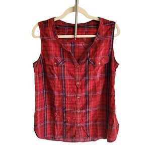 Eddie Bauer Red Plaid Sleeveless Top Size Large FLAW